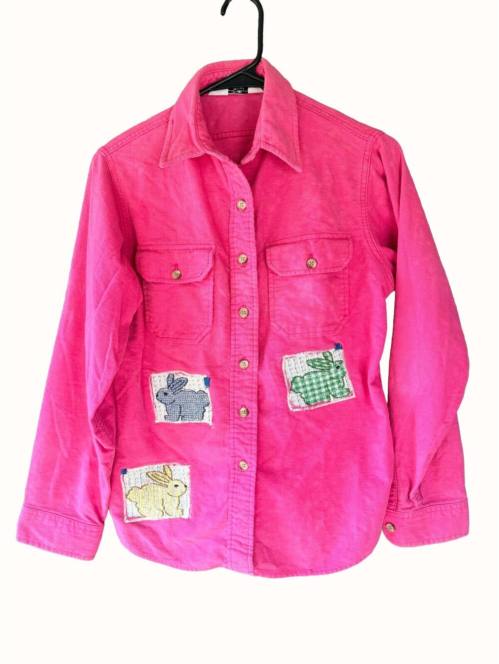 Woolrich Woman Vintage Pink Flannel Upcycled Bunny Appliqué Shirt Sz M